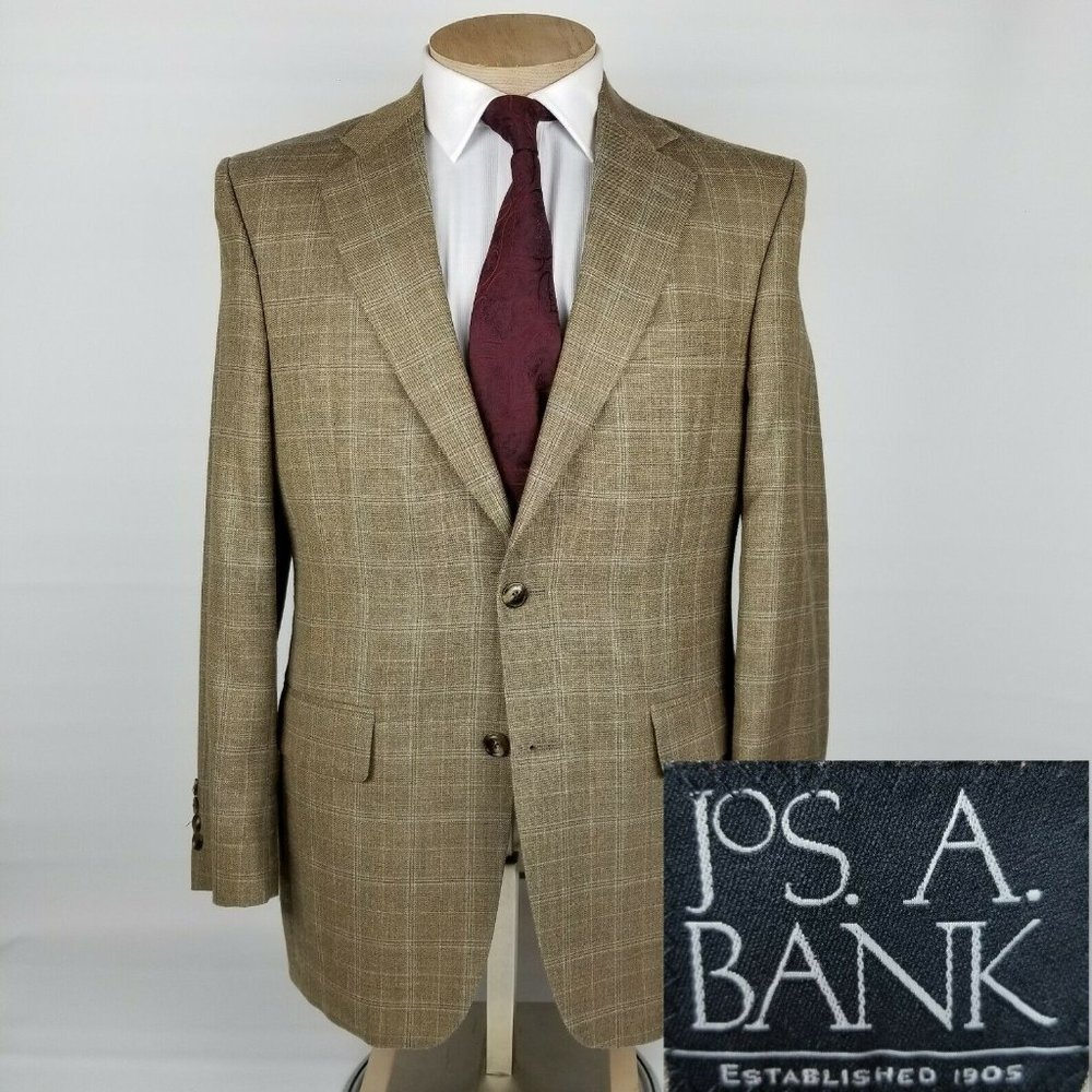 Jos A Bank Mens Sport Coat 38R Tan Blue Plaid Silk